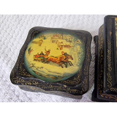 110 - 2 x Decorative Lidded Russian Boxes with Printed Scenes on Top, (Largest Approx. 11 x 8 x 4.5cm), (2... 