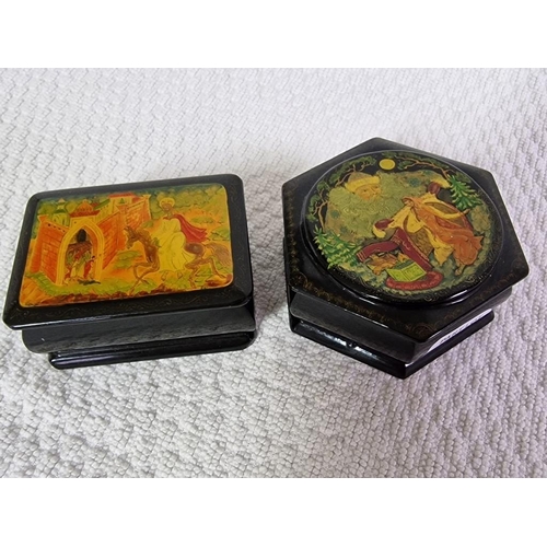 111 - 2 x Decorative Lidded Hand Painted Russian Lacquered Boxes, (Largest Approx. Ø: 8cm x H: 3.5cm), (2)