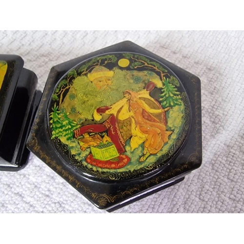 111 - 2 x Decorative Lidded Hand Painted Russian Lacquered Boxes, (Largest Approx. Ø: 8cm x H: 3.5cm), (2)