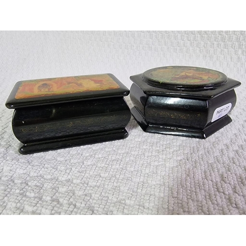 111 - 2 x Decorative Lidded Hand Painted Russian Lacquered Boxes, (Largest Approx. Ø: 8cm x H: 3.5cm), (2)