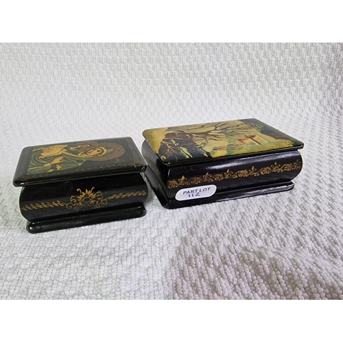 112 - 2 x Decorative Lidded Hand Painted Russian Lacquered Boxes, (Largest Approx. 9 x 6 x 3cm), (2)