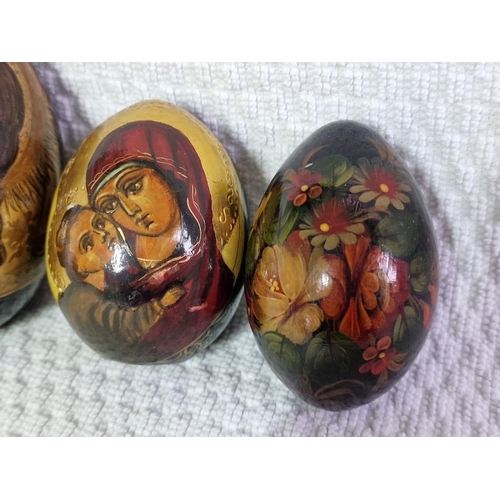 113 - 3 x Hand Painted 'Egg' Shape Russian Lacquered Items, (Largest Approx. H: 9cm), (3)