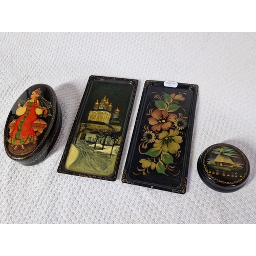 114 - Collection of Hand Painted Russian Metal Items; 2 x Rectangular Trays (Approx. 21 x 10cm), Together ... 