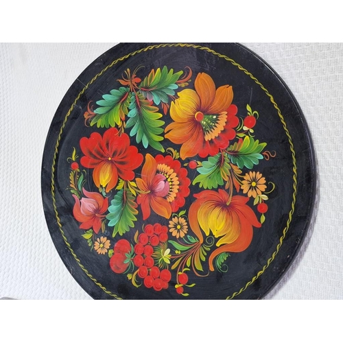 116 - Round Decorative Lacquered Russian Plate with Hand Painted Floral Decoration, (Approx. Ø: 38cm), Tog... 