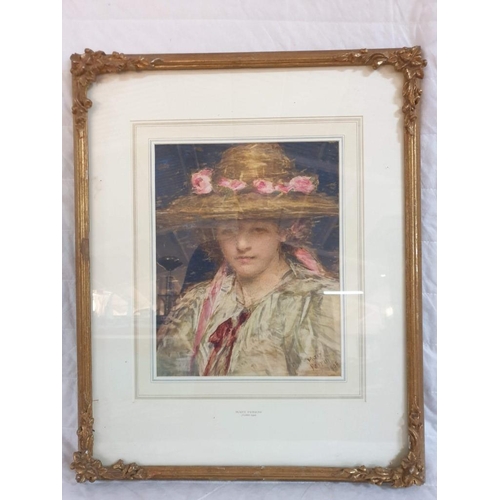 61N - Framed Watercolour of Girl in Hat Decorated with Band of Roses, by Mary Perin (British, 1881-1918), ... 