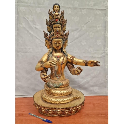 112f - Impressive Gold Colour Finish Metal Statue of Far East God with 10 Faces, 4-Arms and Snake Wrapped A... 