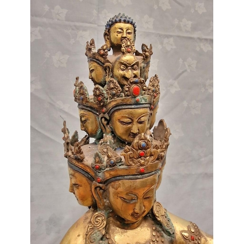 112f - Impressive Gold Colour Finish Metal Statue of Far East God with 10 Faces, 4-Arms and Snake Wrapped A... 