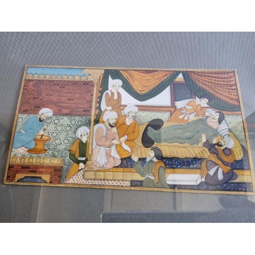 611Y - Hand Panted Indo-Persian Bedroom Scene on Bone or Board, in Arched Top Solid Hard Wood Frame, (Appro... 