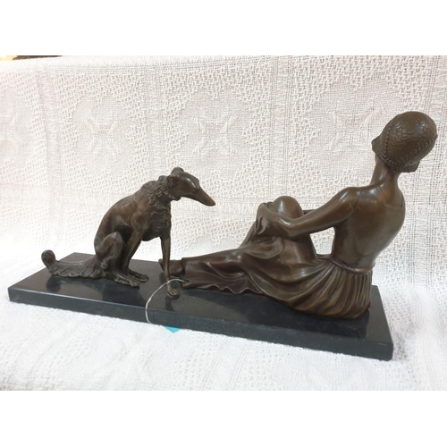 676L - A Fine Art Deco Bronze Sculpture of Seated Lady with Dog, Circa 1930 on Black Marble Base (60cm x 17... 