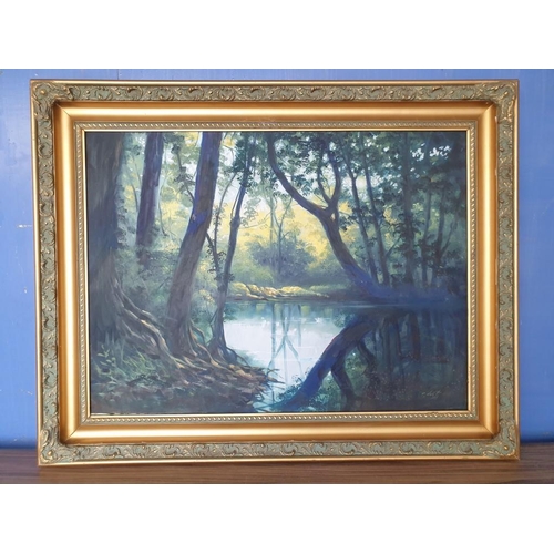 684Z - Large Oil On Canvas of Wooden Lake Scene, Signed Lower Right (Unknown Artist) in Substantial 
Gilt F... 