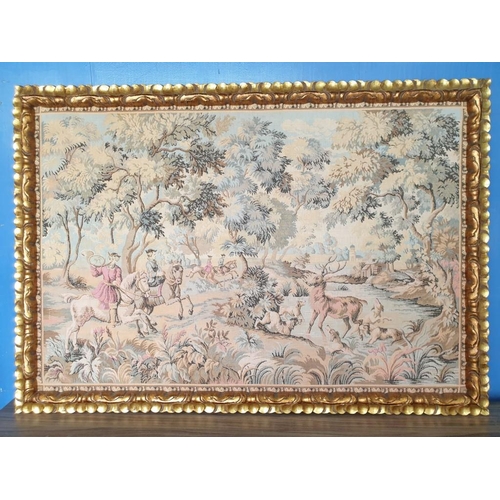 685Z - Huge Framed Embroidery of Victorian Style Hunting Scene in Gold Colour Carved Wooden Frame (Overall ... 