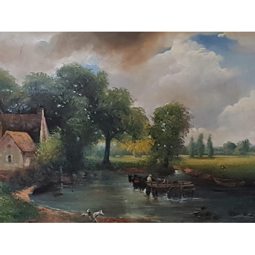 686Z - Large Oil on Canvas Painting of English Countryside, Horse & Cart in River, Copy or Interpretation o... 