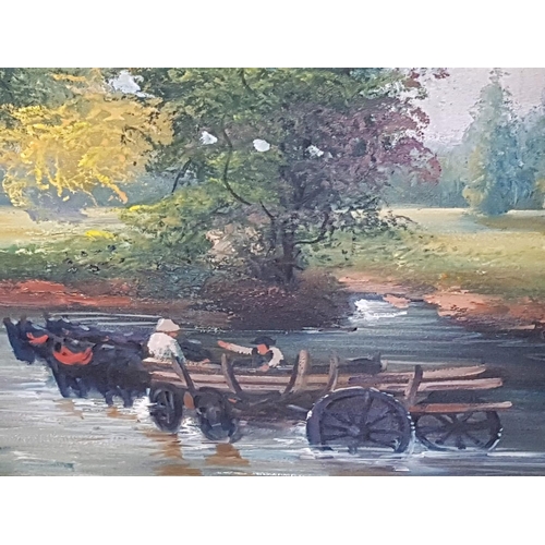 686Z - Large Oil on Canvas Painting of English Countryside, Horse & Cart in River, Copy or Interpretation o... 