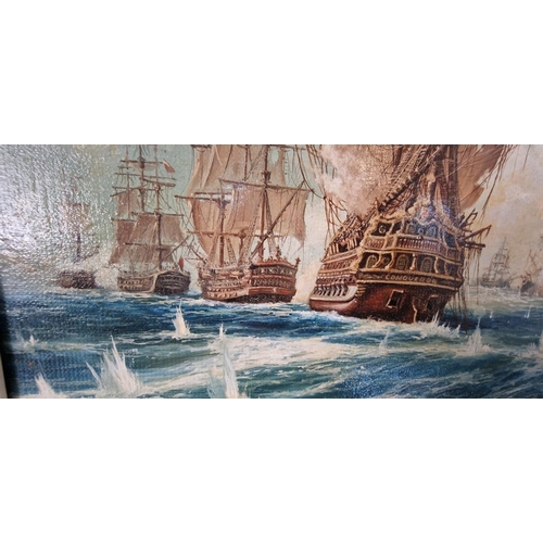 692f - Framed Oil on Canvas Painting of 'The Battle of Trafalgar, 1805' by Robert Zietara 2002, (Approx. 71... 