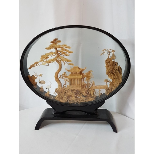 193A - Chinese Carved Cork Art Scene Sculpture Diorama Glass Case (Dark Brown Lacquer Wooden Shadow Box), (... 
