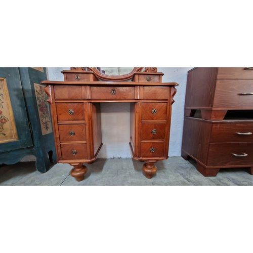 783A - Antique 7-Drawer Kneehole Dressing Table with Bow Front Top, Turned Feet, Original Locks, Tilt Swing... 