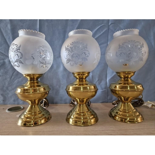 118 - 3 x Lantern Style Table / Side Lamps with Brass Effect Bases and Glass Shades (Look Unused), (3)