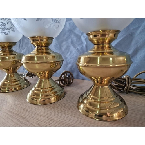 118 - 3 x Lantern Style Table / Side Lamps with Brass Effect Bases and Glass Shades (Look Unused), (3)