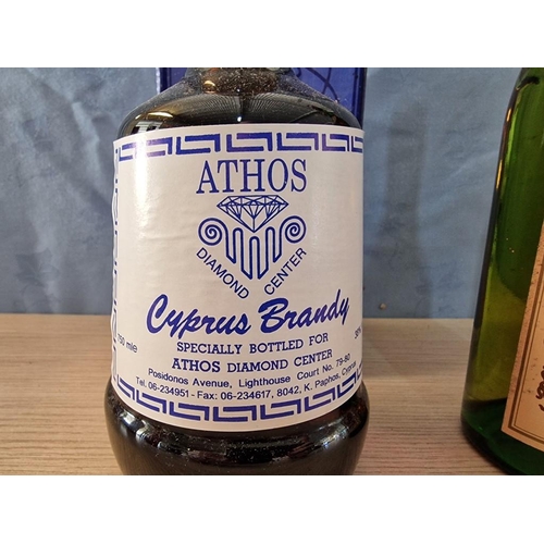 28 - 3 x Bottles of Vintage Cyprus Brandy; 'Athos' Diamond Center 750ml, 'Retro' 60cl and 'Anglias Brandy... 