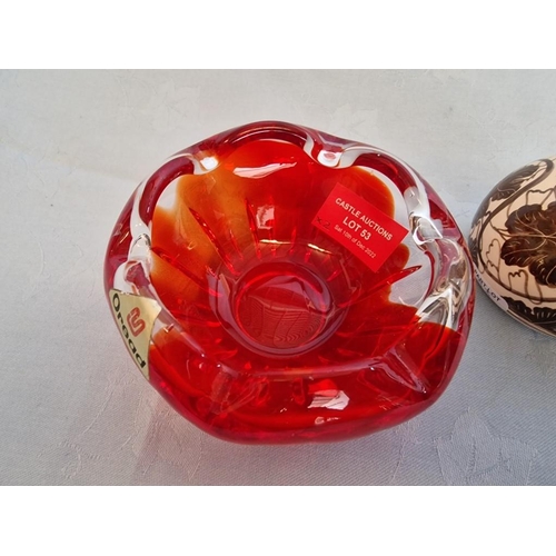 53 - Decorative 'Oread' Orange Colour Shapely Glass Bowl, Together with Hand Made Cypriot Vase with Leaf ... 