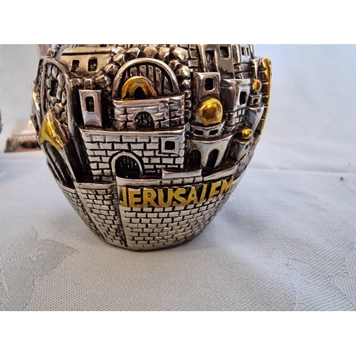 54 - 2 x 'Jerusalem Globe' Candle Holders; Decorative White Metal Spheres Depicting Judaica City, believe... 