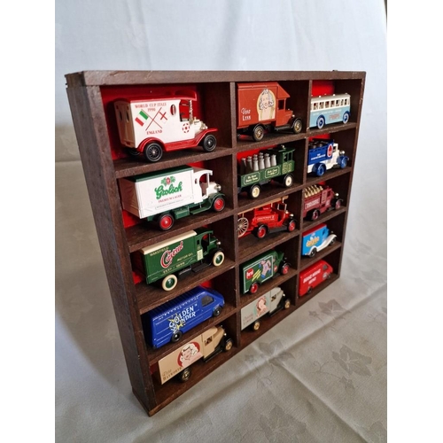 9 - Wooden Display Stand with Collection of 15 x Scale Model Vehicles, (Approx. 33 x 29cm)