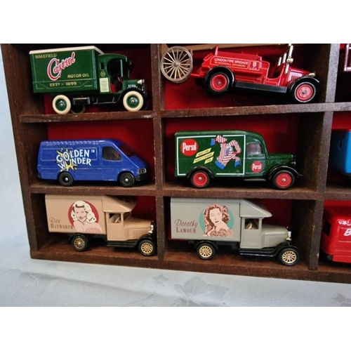 9 - Wooden Display Stand with Collection of 15 x Scale Model Vehicles, (Approx. 33 x 29cm)