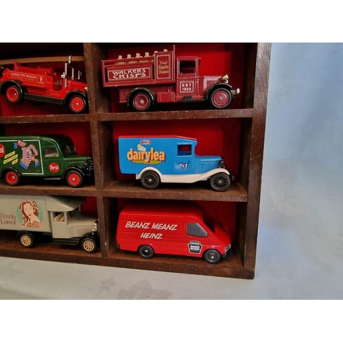 9 - Wooden Display Stand with Collection of 15 x Scale Model Vehicles, (Approx. 33 x 29cm)