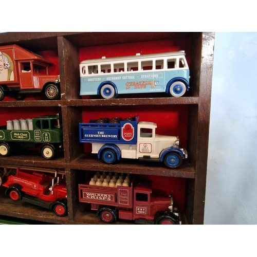 9 - Wooden Display Stand with Collection of 15 x Scale Model Vehicles, (Approx. 33 x 29cm)