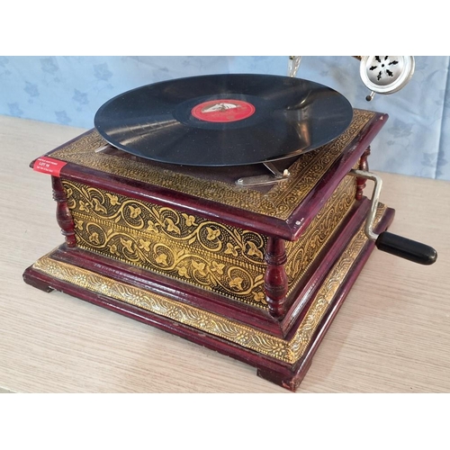 16 - Vintage Horn Gramophone with Decorative Case and a HMV Record, (Basic Test and Working)