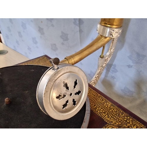 16 - Vintage Horn Gramophone with Decorative Case and a HMV Record, (Basic Test and Working)