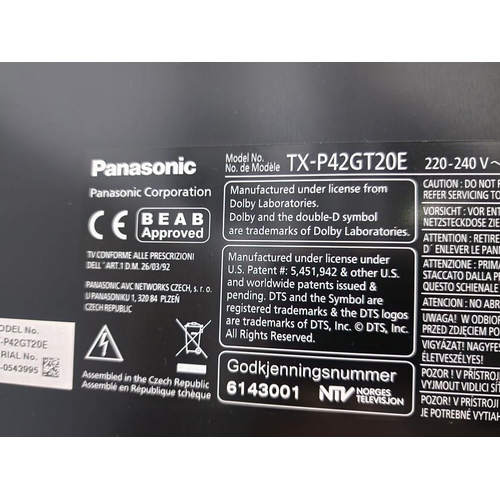 171 - Panasonic Viera 42'' 3D HD Television, (Model: TX-P42GT20E), with Remote Control * Basic Test & Work... 