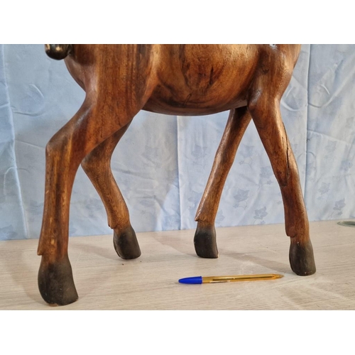 23 - Large Solid Wood Carving of Deer with Actual Horns, (Approx. H: 72cm)