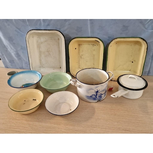 75 - Collection of Vintage Enamel Trays, Bowls, Saucepan and Twin Handle Pan with Blue & White Windmill D... 