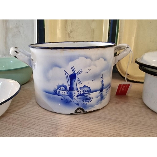 75 - Collection of Vintage Enamel Trays, Bowls, Saucepan and Twin Handle Pan with Blue & White Windmill D... 