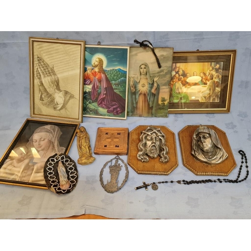 77 - Collection of Religious Pictures, White Metal Relief Jesus and Mary, White Metal Bavarian Decoration... 