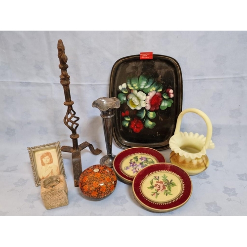 86 - Collection of Assorted Items; Tray with Floral Decoration, White Metal Candle Stick, Embroideries, e... 