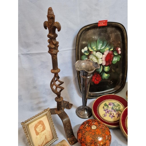 86 - Collection of Assorted Items; Tray with Floral Decoration, White Metal Candle Stick, Embroideries, e... 