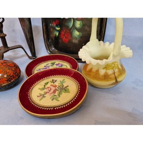 86 - Collection of Assorted Items; Tray with Floral Decoration, White Metal Candle Stick, Embroideries, e... 