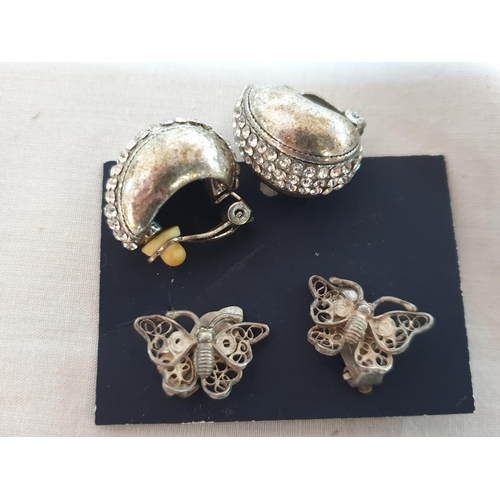 465 - 2 x Pair of Vintage Clips, Filigree Butterfly, Silver .925 and Clip Decorated with Crystals