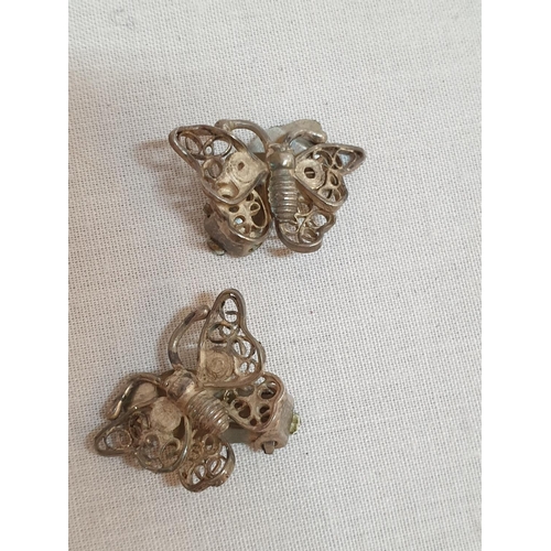 465 - 2 x Pair of Vintage Clips, Filigree Butterfly, Silver .925 and Clip Decorated with Crystals