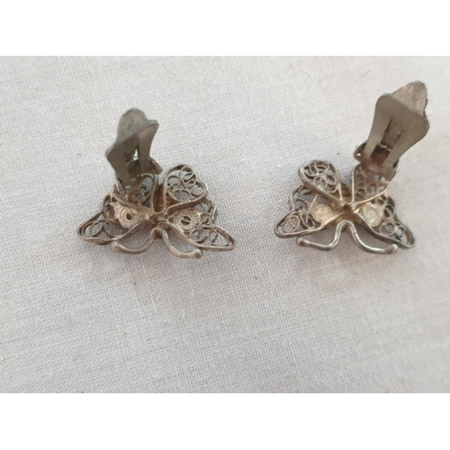 465 - 2 x Pair of Vintage Clips, Filigree Butterfly, Silver .925 and Clip Decorated with Crystals