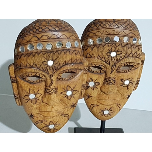 685 - Pair of Oriental Wooden Masks (Decorated with Round Mirrors, H:23cm each) on Metal Base / Stand