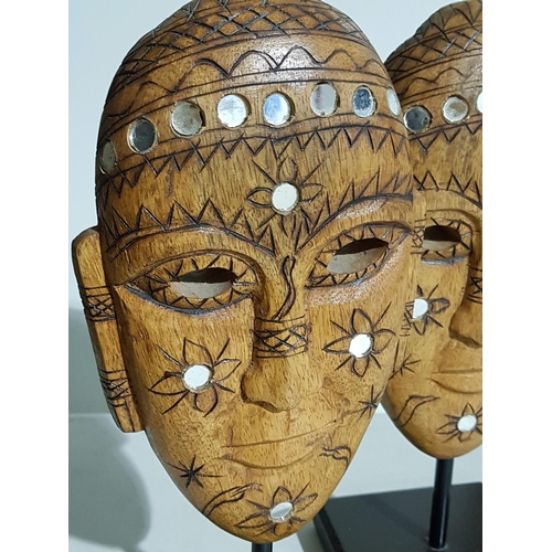 685 - Pair of Oriental Wooden Masks (Decorated with Round Mirrors, H:23cm each) on Metal Base / Stand