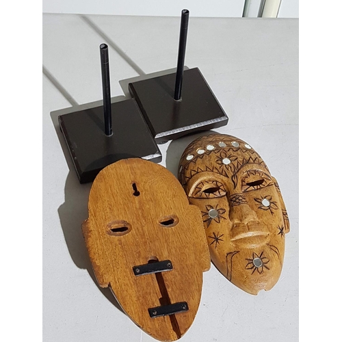 685 - Pair of Oriental Wooden Masks (Decorated with Round Mirrors, H:23cm each) on Metal Base / Stand