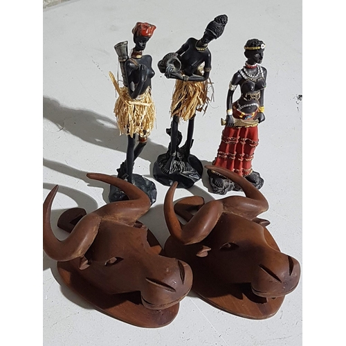 770 - African Souvenirs inc; 3 x Sculptures (H:18cm, H:20 & H:21.5cm) and 2 x Wall Ornaments Wooden Buffal... 