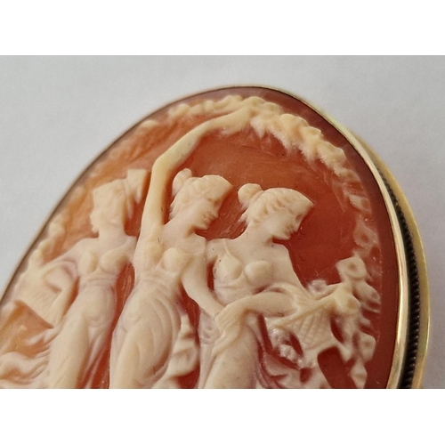 139 - Vintage Cameo Broach / Pendant with 3 x Female Figures, Set in 14ct Gold, (Approx. 43 x 33mm Overall... 