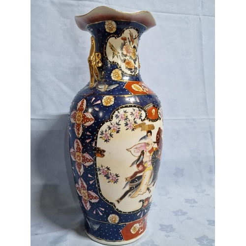 163 - Decorative Tall Chinese Vase with Ladies on Horseback and Blue & Gold Decoration, (Approx. H: 45cm)