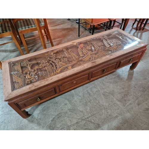 182 - Large Solid Wood Rectangular Coffee Table with Deep Ornate Carved Top with Chinese / Oriental Scene ... 