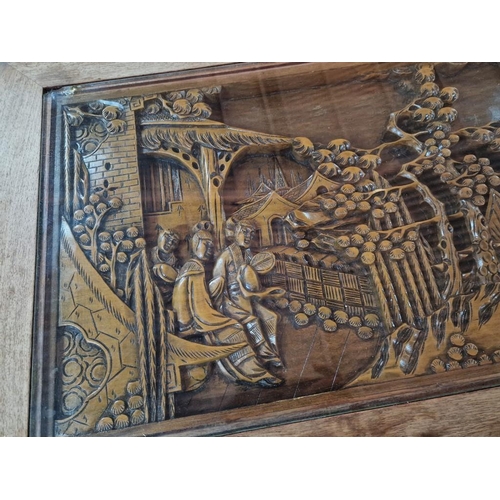 182 - Large Solid Wood Rectangular Coffee Table with Deep Ornate Carved Top with Chinese / Oriental Scene ... 